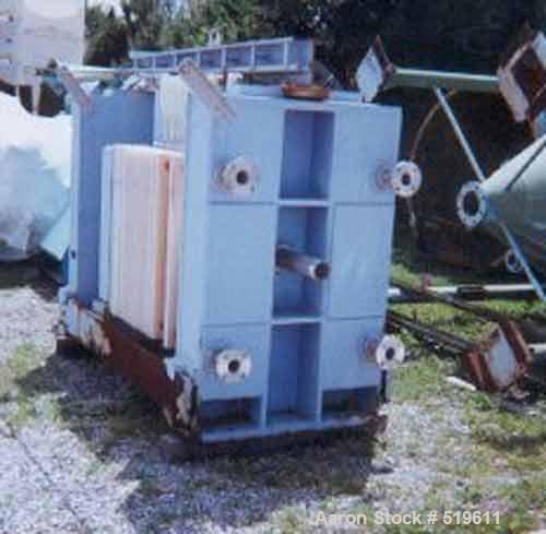 USED: Clow filter press, 8 cu ft, 36" polypropylene plates, 32 mm cake thickness, 150 psi feed, 13 chamber, gasketed, center feed, 4 eyed discharge, overhanging plates, not side bar type, year 1982, ...