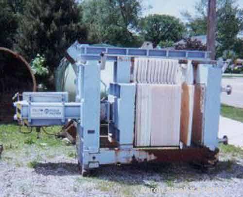 USED: Clow filter press, 8 cu ft, 36" polypropylene plates, 32 mm cake thickness, 150 psi feed, 13 chamber, gasketed, center feed, 4 eyed discharge, overhanging plates, not side bar type, year 1982, ...
