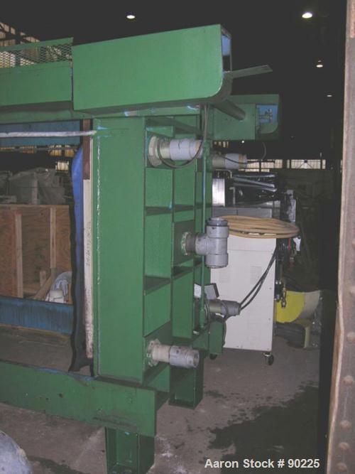 USED: Duro Filter Press, carbon steel frame. (36) 48" x 48" polypropylene plates, 43.75 cubic feet cake capacity, approximate 100 psi max filter pressure. Center feed 4 corner discharge, dual ram. Un...