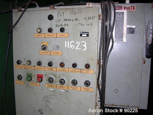 USED: Duro Filter Press, carbon steel frame. (36) 48" x 48" polypropylene plates, 43.75 cubic feet cake capacity, approximate 100 psi max filter pressure. Center feed 4 corner discharge, dual ram. Un...