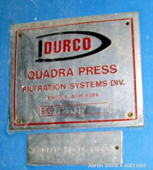 Used Durco Filter Press. (58) 47" x 47" x 2 1/2" thick x 1/2" recess polypropylene overhead suspended plates, (1) head, (1) tail plate. Approximately 889.7 square feet filter area, 74.1 cubic feet ca...