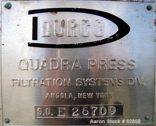 Used Durco Quadra Press Filter Press Frame Only. Requires 48" x 48" plates. 17'10" fully opened, 14'10" closed length. Center feed, 4 corner discharge. Upper side bars. Double ram closure. Unit inclu...