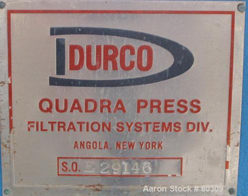 USED: Durco Quadra Press, 23 polypropylene plates 31" x 31" x 2", 1/2" recess, 5.21 cubic foot cake capacity, 153 square foot filter area, gasket plates, center feed four corner discharge, air over o...