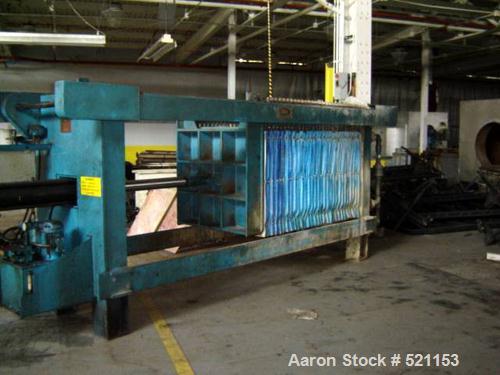USED: Duriron plate and frame filter press with mild steel frame, hydraulic ram closure and approximately 40" x 40" plates.