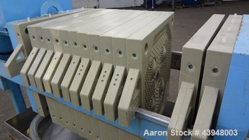 Used Eimco Shriver Filter Press, Model M630FB. Carbon steel frame, (12) 24-3/4” x 24-3/4” x approximate 1/2" recess polypropylene plates, (1) head, (1) tail plate. Approximate 76.8 square feet filter...