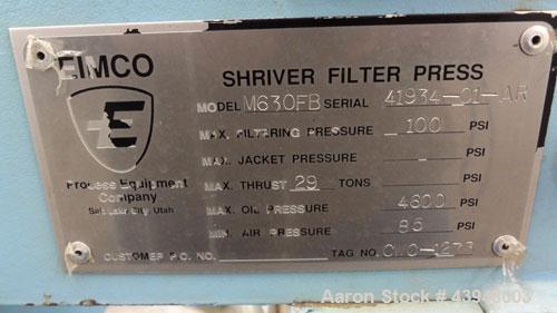 Used Eimco Shriver Filter Press, Model M630FB. Carbon steel frame, (12) 24-3/4” x 24-3/4” x approximate 1/2" recess polypropylene plates, (1) head, (1) tail plate. Approximate 76.8 square feet filter...