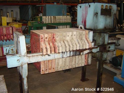 USED: 24" x 24" Eimco Shriver filter press, 14 plates, model M630FB.Maximum filtering pressure 225 psi. Maximum thrust 65 tons. Maximumoil pressure 1600 psi. Inlet air pressure 80 psi. With 14 polypr...