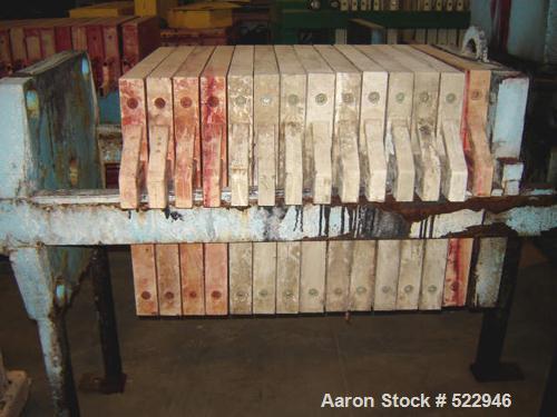 USED: 24" x 24" Eimco Shriver filter press, 14 plates, model M630FB.Maximum filtering pressure 225 psi. Maximum thrust 65 tons. Maximumoil pressure 1600 psi. Inlet air pressure 80 psi. With 14 polypr...