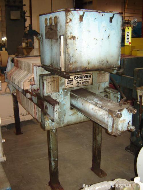USED: 24" x 24" Eimco Shriver filter press, 14 plates, model M630FB.Maximum filtering pressure 225 psi. Maximum thrust 65 tons. Maximumoil pressure 1600 psi. Inlet air pressure 80 psi. With 14 polypr...