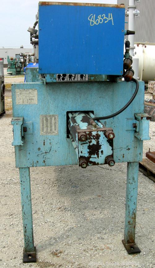 Used Eimco Shriver Filter Press, Model M800FB, carbon steel frame. (23) 31.5" x 31.5" x 2-1/2" thick x approximate 1/2" recess polypropylene plates; (1) head, (1) tail plate. Approximate 165 square f...