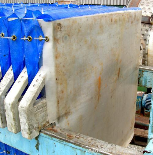 Used Eimco Shriver Filter Press, Model M800FB, carbon steel frame. (23) 31.5" x 31.5" x 2-1/2" thick x approximate 1/2" recess polypropylene plates; (1) head, (1) tail plate. Approximate 165 square f...