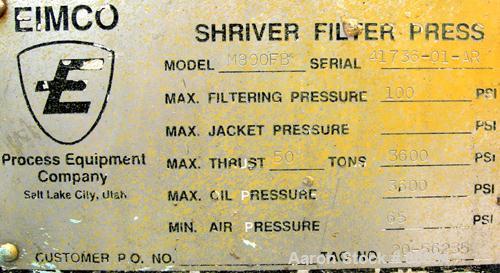 Used Eimco Shriver Filter Press, Model M800FB, carbon steel frame. (23) 31.5" x 31.5" x 2-1/2" thick x approximate 1/2" recess polypropylene plates; (1) head, (1) tail plate. Approximate 165 square f...