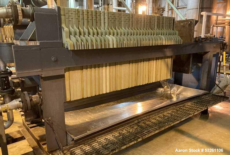 Used Eimco Shriver 900mm Polypropylene Plate and Frame Filter Press. 900mm Chambers. (33) 1" thick plates, frames & end plate. Self contained hydraulic closure. Piping included.