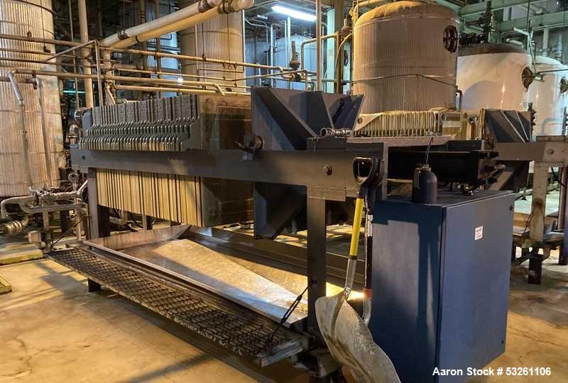 Used Eimco Shriver 900mm Polypropylene Plate and Frame Filter Press. 900mm Chambers. (33) 1" thick plates, frames & end plate. Self contained hydraulic closure. Piping included.
