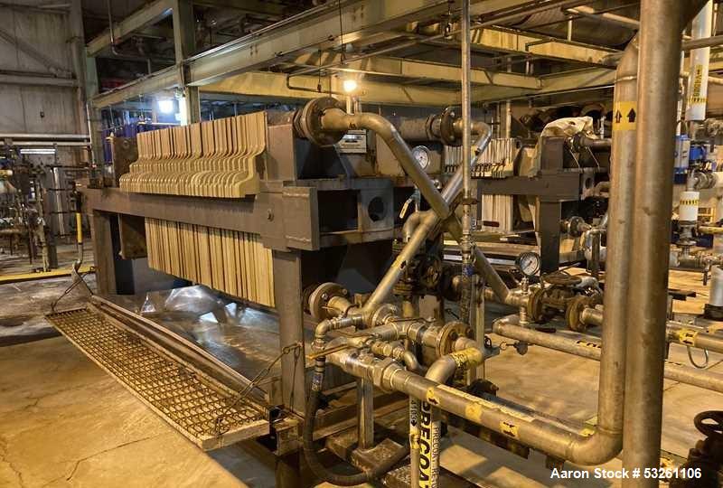 Used Eimco Shriver 900mm Polypropylene Plate and Frame Filter Press. 900mm Chambers. (33) 1" thick plates, frames & end plate. Self contained hydraulic closure. Piping included.
