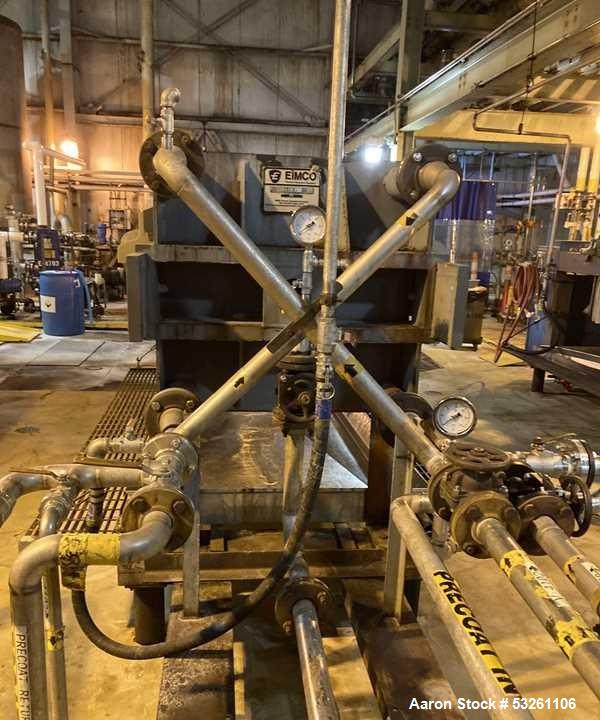 Used Eimco Shriver 900mm Polypropylene Plate and Frame Filter Press. 900mm Chambers. (33) 1" thick plates, frames & end plate. Self contained hydraulic closure. Piping included.