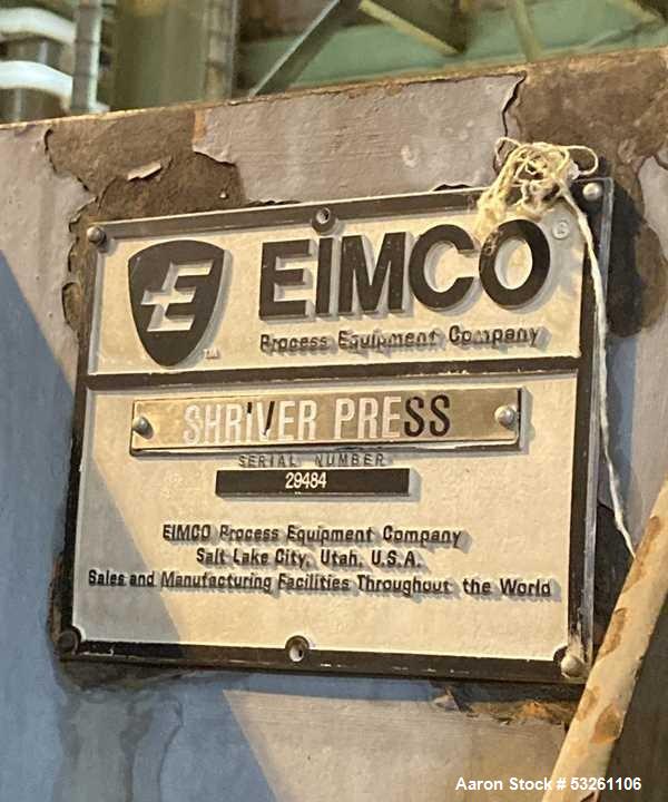 Used Eimco Shriver 900mm Polypropylene Plate and Frame Filter Press. 900mm Chambers. (33) 1" thick plates, frames & end plate. Self contained hydraulic closure. Piping included.