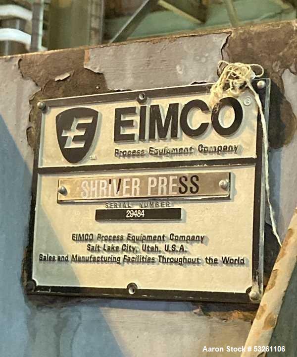 Used Eimco Shriver 900mm Polypropylene Plate and Frame Filter Press. 900mm Chambers. (33) 1" thick plates, frames & end plate. Self contained hydraulic closure. Piping included.