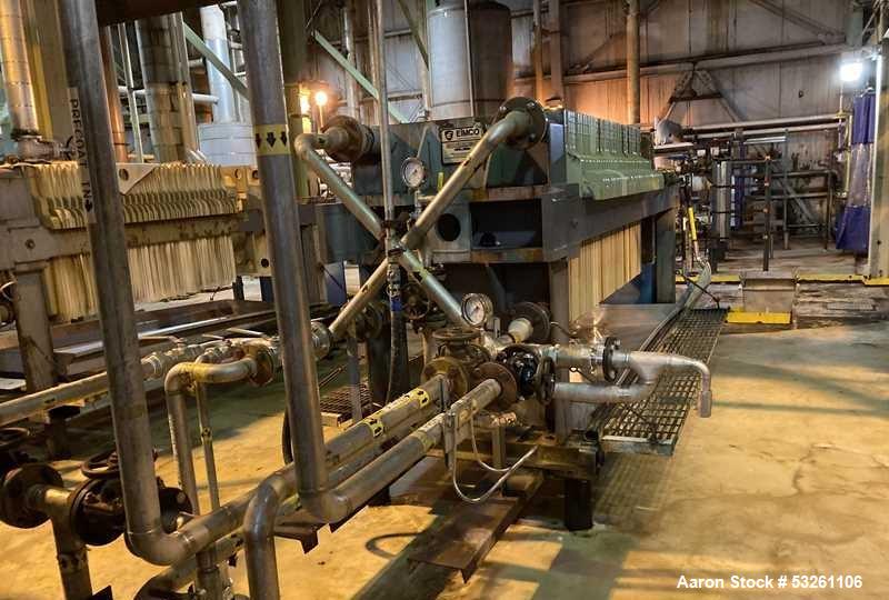 Used Eimco Shriver 900mm Polypropylene Plate and Frame Filter Press. 900mm Chambers. (33) 1" thick plates, frames & end plate. Self contained hydraulic closure. Piping included.
