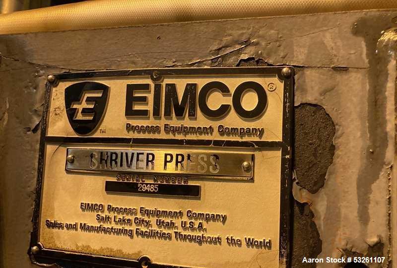 Used Eimco Shriver 900mm Polypropylene Plate and Frame Filter Press, F-4113. 900mm Chambers. (33) 1" thick plates, frames & end plate. Self contained hydraulic closure. Piping included.