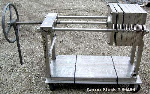 USED: Ertel plate and frame polishing press, model EUS-10-10, all 316 stainless steel. 16" x 16" plates and frames, (3) frames 2" thick, (4) frames 3/8" thick, (8) plates. Approximate 22 square feet ...