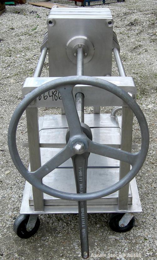 USED: Ertel plate and frame polishing press, model EUS-10-10, all 316 stainless steel. 16" x 16" plates and frames, (3) frames 2" thick, (4) frames 3/8" thick, (8) plates. Approximate 22 square feet ...