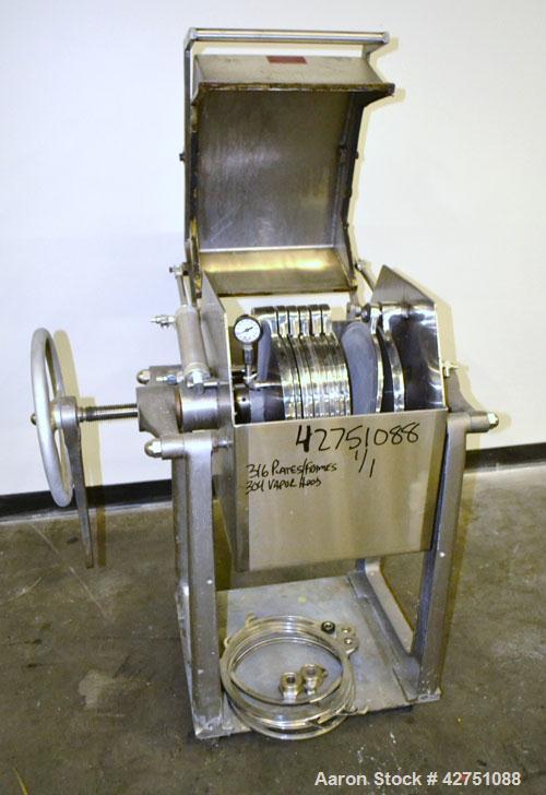 Used Ertel Plate & Frame Filter Press, Model EW, 12'’ Diameter, 316 Stainless Steel. (6) Plates, (5) Frames, 3/8" thick. (1) Head, (1) tail. Manual closure. Approximate (0.078) cubic feet cake capaci...