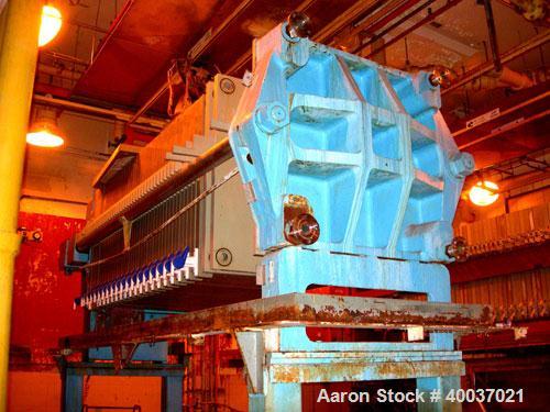 Used: Filtratec filter press, 47" x 47" , model 110/48. (41) 2 1/2" thick polypropylene plates, 1/2" recess. 4 corner feed. Approximate 1050 square feet filter area, 38 cubic feet cake. Single hydrau...