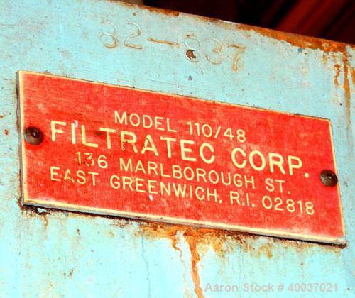 Used: Filtratec filter press, 47" x 47" , model 110/48. (41) 2 1/2" thick polypropylene plates, 1/2" recess. 4 corner feed. Approximate 1050 square feet filter area, 38 cubic feet cake. Single hydrau...