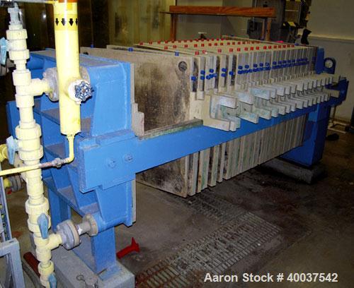 Used Filtratec plate and frame filter press, 31 1/2" x 31 1/2" polypropylene. Approximately 160 square feet filter area, 10 cubic feet cake capacity. (17) 1" thick plates, (17) 1 1/2" thick frames. (...