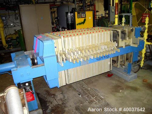 Used Filtratec plate and frame filter press, 31 1/2" x 31 1/2" polypropylene. Approximately 160 square feet filter area, 10 cubic feet cake capacity. (17) 1" thick plates, (17) 1 1/2" thick frames. (...