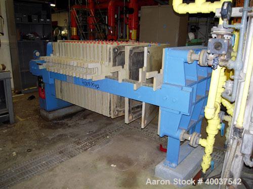 Used Filtratec plate and frame filter press, 31 1/2" x 31 1/2" polypropylene. Approximately 160 square feet filter area, 10 cubic feet cake capacity. (17) 1" thick plates, (17) 1 1/2" thick frames. (...