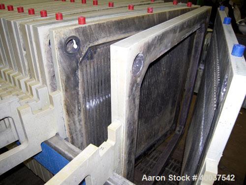 Used Filtratec plate and frame filter press, 31 1/2" x 31 1/2" polypropylene. Approximately 160 square feet filter area, 10 cubic feet cake capacity. (17) 1" thick plates, (17) 1 1/2" thick frames. (...