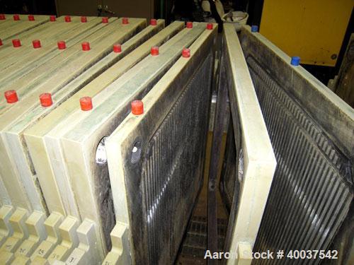 Used Filtratec plate and frame filter press, 31 1/2" x 31 1/2" polypropylene. Approximately 160 square feet filter area, 10 cubic feet cake capacity. (17) 1" thick plates, (17) 1 1/2" thick frames. (...