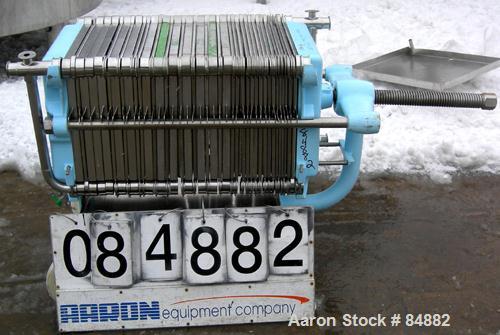 Used Filtrox-Werk Plate And Frame Polishing Press, 304 Stainless Steel. (16) stainless steel plates 15-1/2" (400 mm) x 15-1/2" (400 mm), 1 head, 1 tail and (6) stainless steel frames 15-1/2" (400 mm)...