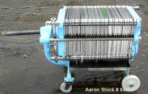 Used Filtrox-Werk Plate And Frame Polishing Press, 304 Stainless Steel. (16) stainless steel plates 15-1/2" (400 mm) x 15-1/2" (400 mm), 1 head, 1 tail and (6) stainless steel frames 15-1/2" (400 mm)...