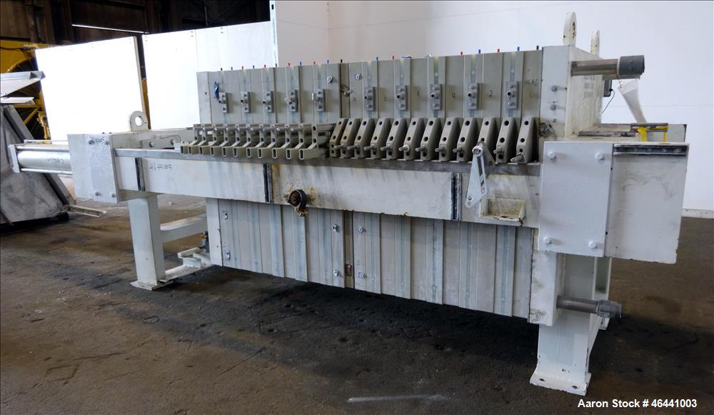 Used Hoesch 48" Side Bar Filter Press, Model A-48-202.2-D-2-PP-D60-D. (10) 48" x 48" polypropylene membrane plates. Approximate filter area 252.5 square feet filter area, approximate 19.9 cubic feet ...