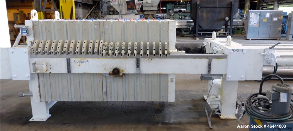 Used Hoesch 48" Side Bar Filter Press, Model A-48-202.2-D-2-PP-D60-D. (10) 48" x 48" polypropylene membrane plates. Approximate filter area 252.5 square feet filter area, approximate 19.9 cubic feet ...