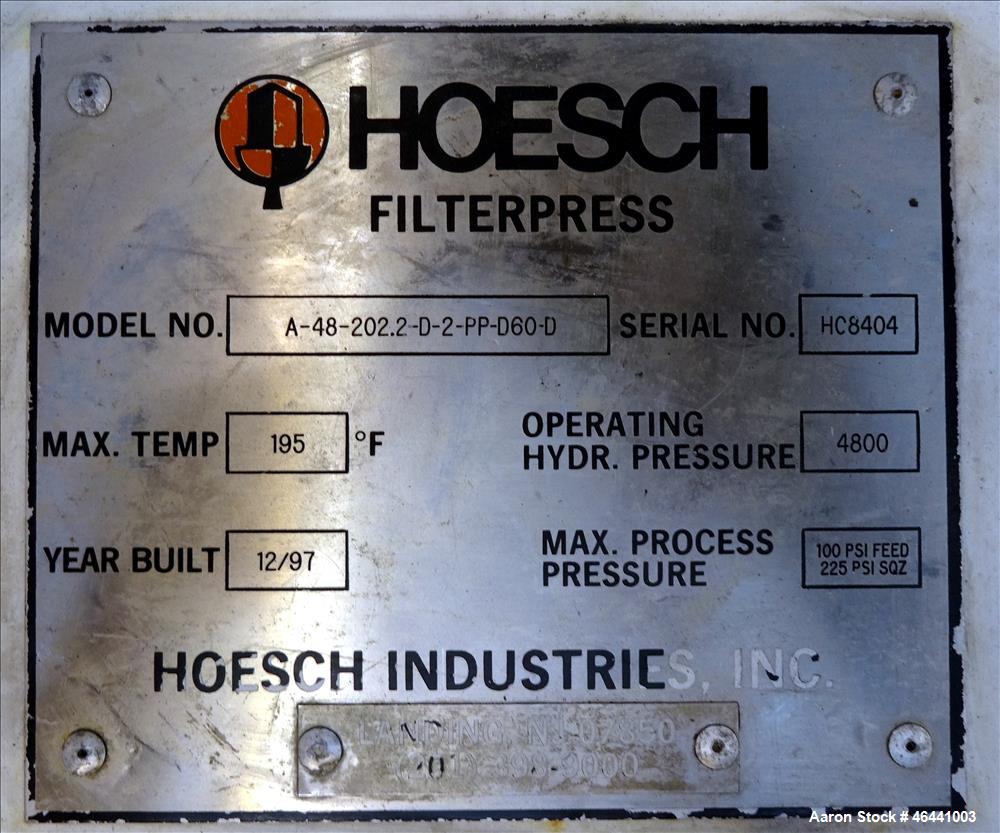 Used Hoesch 48" Side Bar Filter Press, Model A-48-202.2-D-2-PP-D60-D. (10) 48" x 48" polypropylene membrane plates. Approximate filter area 252.5 square feet filter area, approximate 19.9 cubic feet ...