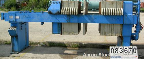 USED: JWI filter press, model 1000-15/25. Carbon steel frame. (18) 39" x 39" polypropylene plates, 1/2" recess per side. (1) Head, (1) tail plate. 15 cubic feet cake capacity, 200 square feet filter ...