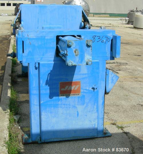 USED: JWI filter press, model 1000-15/25. Carbon steel frame. (18) 39" x 39" polypropylene plates, 1/2" recess per side. (1) Head, (1) tail plate. 15 cubic feet cake capacity, 200 square feet filter ...