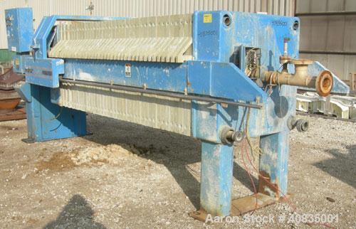 Used JWI Filter Press, Model 1000G32-38-31SYLS. (38) 39 1/2" x 39 1/2" polypropylene plates, approximately 1" cake. Approximate 297.03 square feet filter area, 24.75 cubic feet capacity. 100 psi max ...