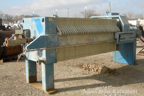 Used JWI Filter Press, Model 1000G32-38-31SYLS. (38) 39 1/2" x 39 1/2" polypropylene plates, approximately 1" cake. Approximate 297.03 square feet filter area, 24.75 cubic feet capacity. 100 psi max ...