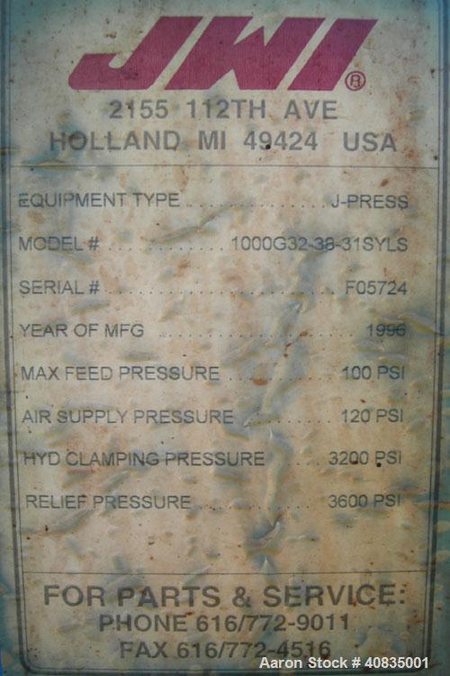 Used JWI Filter Press, Model 1000G32-38-31SYLS. (38) 39 1/2" x 39 1/2" polypropylene plates, approximately 1" cake. Approximate 297.03 square feet filter area, 24.75 cubic feet capacity. 100 psi max ...