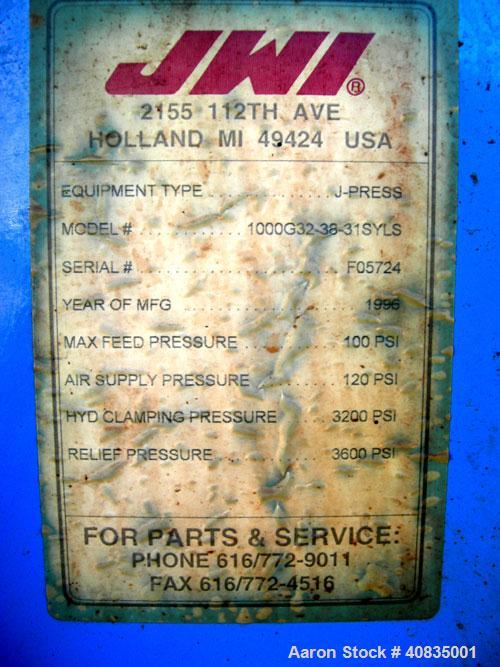 Used JWI Filter Press, Model 1000G32-38-31SYLS. (38) 39 1/2" x 39 1/2" polypropylene plates, approximately 1" cake. Approximate 297.03 square feet filter area, 24.75 cubic feet capacity. 100 psi max ...