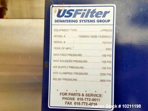Unused- JWI US Filter J-Press Side Bar Filter Press, Model 1000M32-18/28-30/20SN