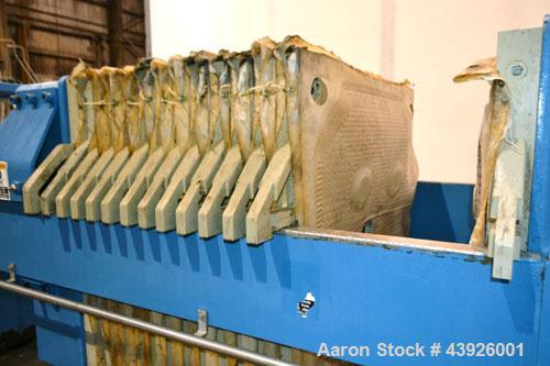 Used JWI J Press Filter Press, Model 1000N32-12/30-10/25SYLS. (12) 39.3” x 39.3” x 1/2'' recess polypropylene plates, (1) head, (1) tail plate. Approximately 206 square feet filter area, 10 cubic fee...