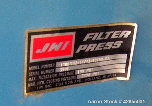 Used JWI Polypropylene Recessed Plate Filter Press, Model 1200G32-34/42-40/50. Approximately 850 square feet, rated approximately 40 cubic feet cake. (34) Chambers, 48"X48". Equipped with plate shift...