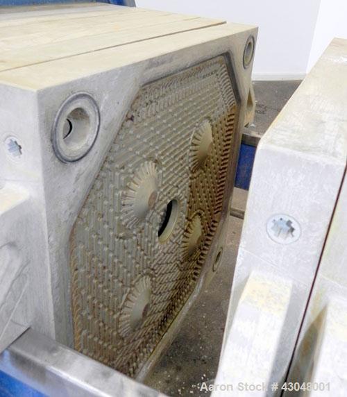 Used JWI Filter Press, Model 630G32-10/13-3/4SYLS. (25) 24.8'' x 24.8'' x 2-1/2'' Thick x 1/2'' recess polypropylene plates, (1) head, (1) tail plate. Approximately105.3 square feet filter area, 8.7 ...