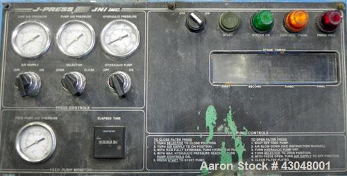 Used JWI Filter Press, Model 630G32-10/13-3/4SYLS. (25) 24.8'' x 24.8'' x 2-1/2'' Thick x 1/2'' recess polypropylene plates, (1) head, (1) tail plate. Approximately105.3 square feet filter area, 8.7 ...